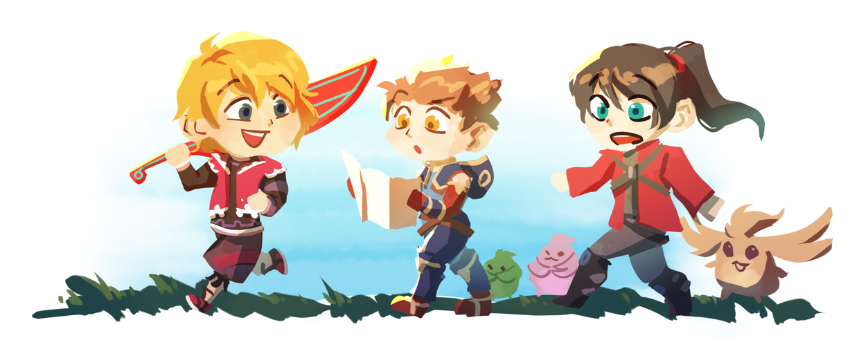 Shulk looking back and smiling, Rex holding a map and looking confused, and Noah running behind.