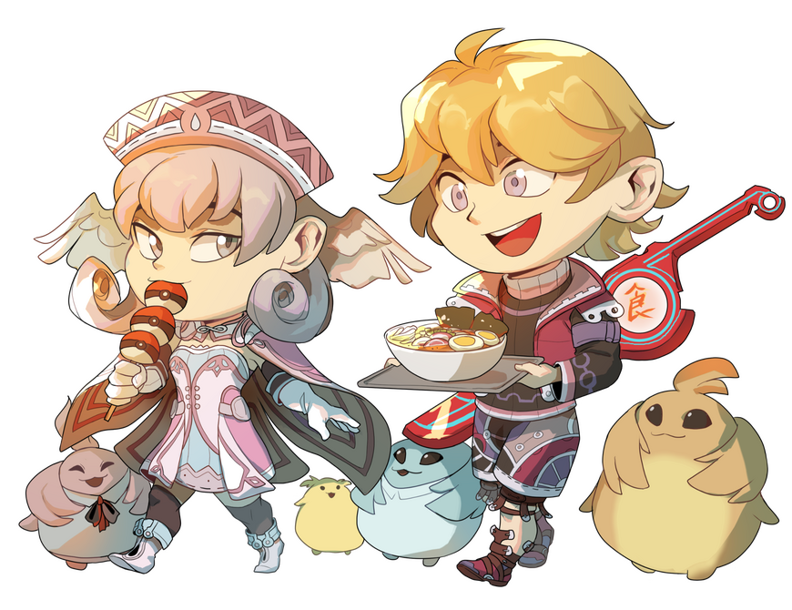 Melia eating dango and Shulk holding a bowl of ramen. They're both walking with four Nopon friends together.