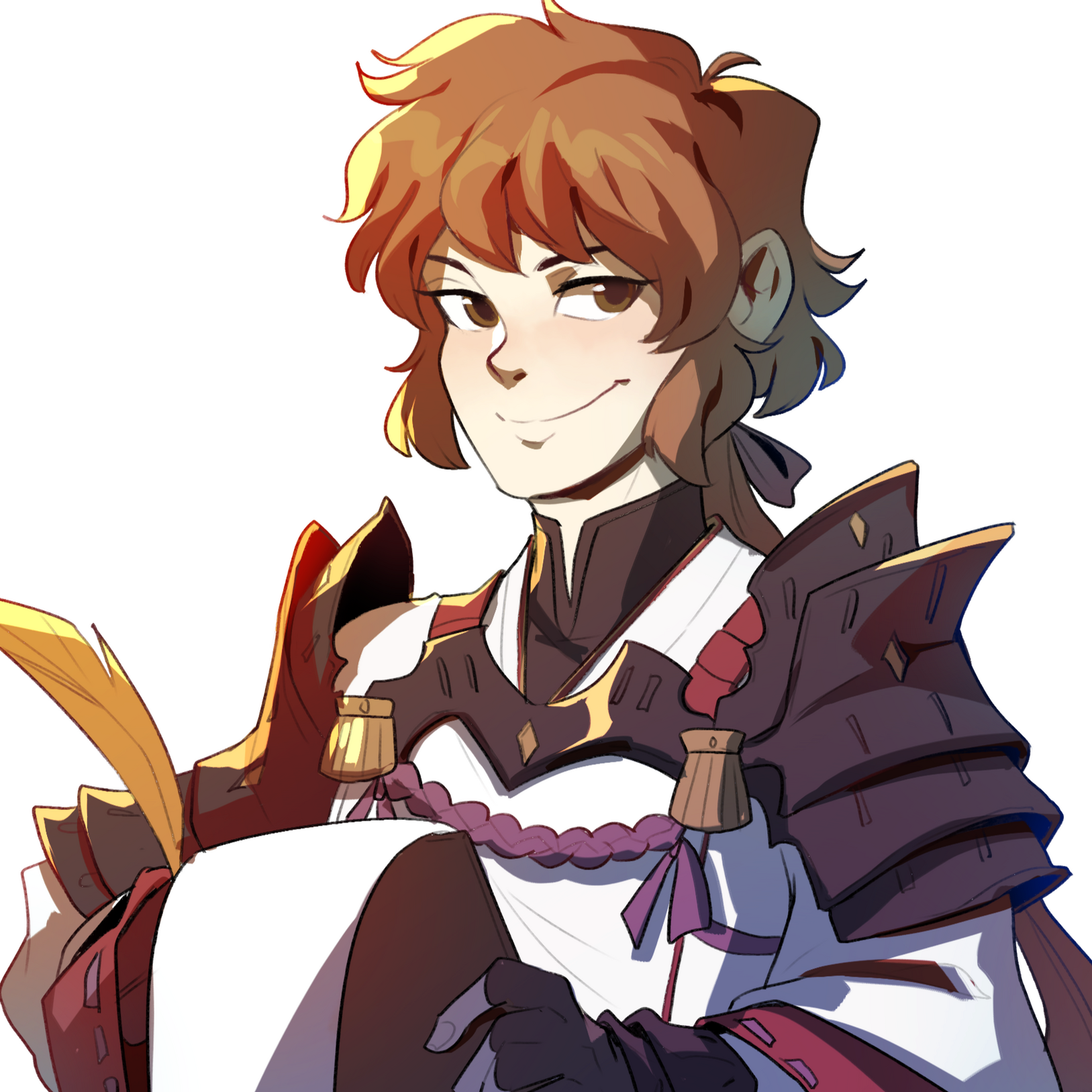 Lora looking at the viewer with a smug expression. She holds a book and feather quill.